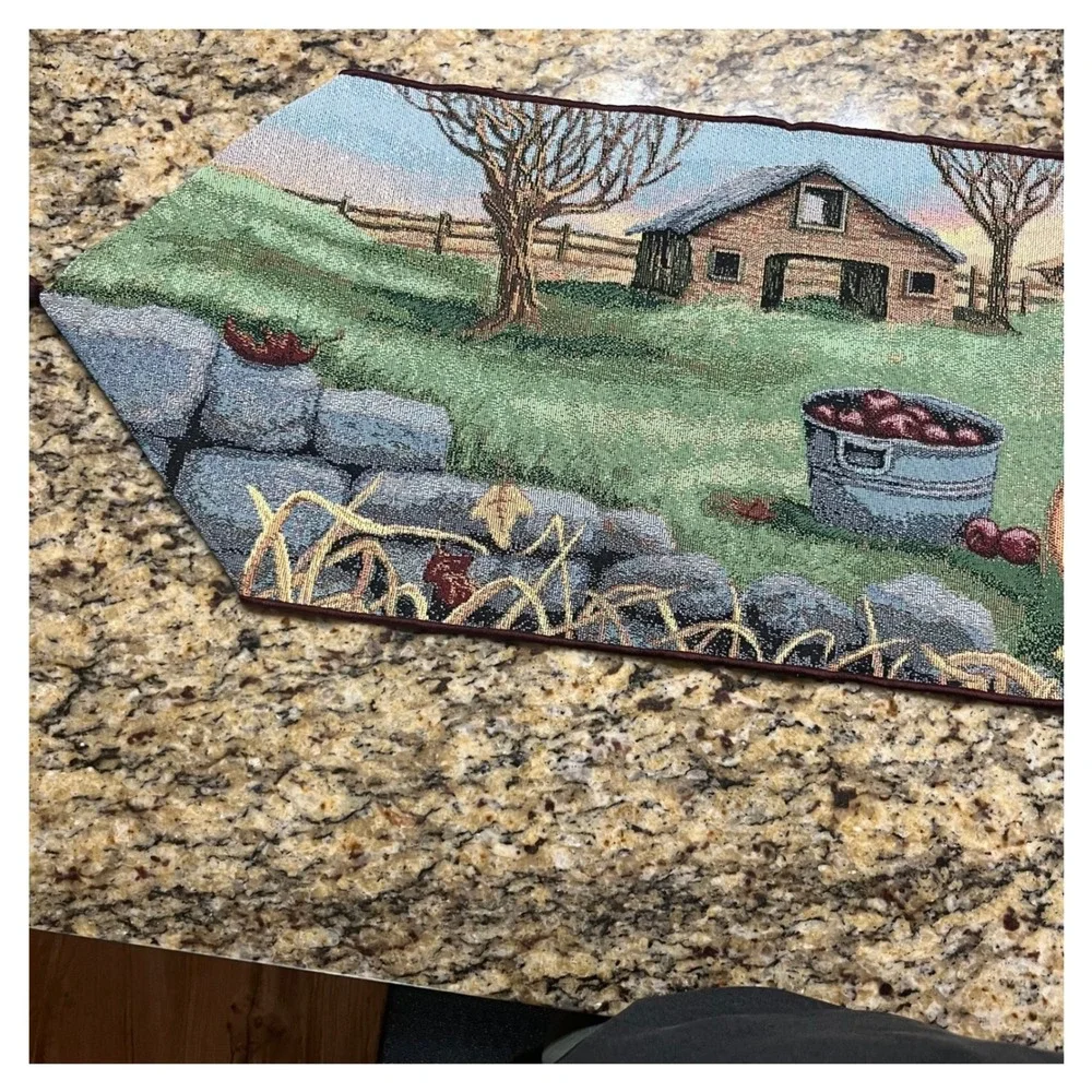 Vintage Autumn Harvest Woven Tapestry Table Runner Pumpkin Scarecrow Barn 71in